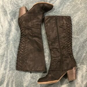 Black knee high Fergalicious boots with lacing detail size 11